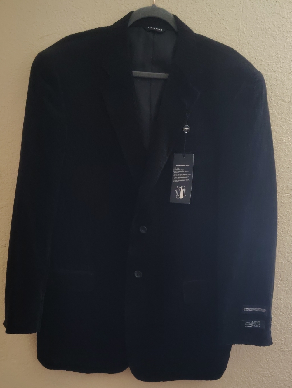 Cianni Cellini Men's Black Corduroy 2 Button Sport Coat Blazer Size 44R NWT